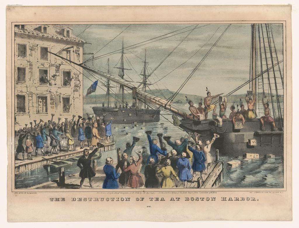 Historic lithograph depicting the destruction of tea in Boston Harbor